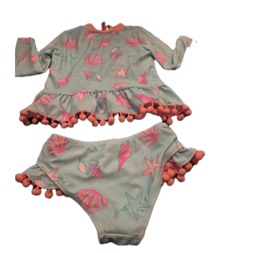 Betsey Johnson Girl's 3T L/S 2 Pc Rash Guard Tankini Swimsuit Blue Sea Shell - Picture 3 of 9